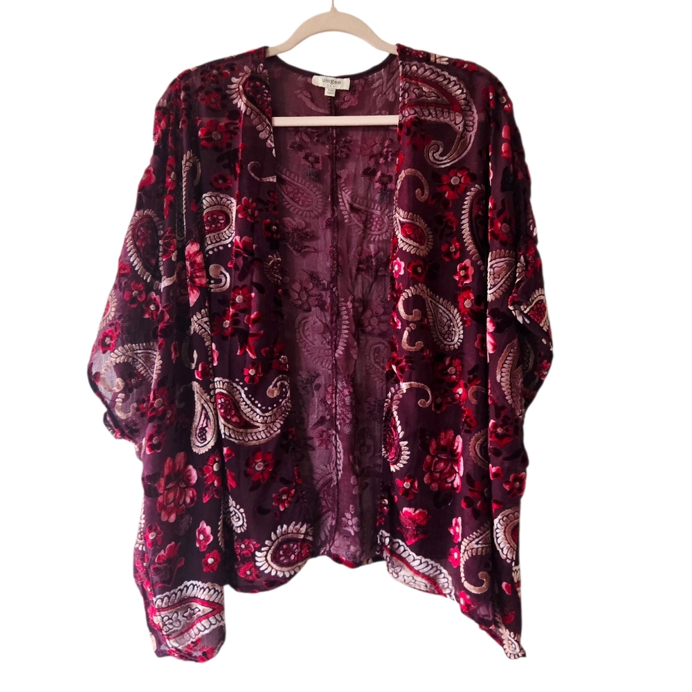 Umgee Paisley Flocked Red Velvet Kimono Semi Sheer Stevie Nicks Gypsy Boho Small